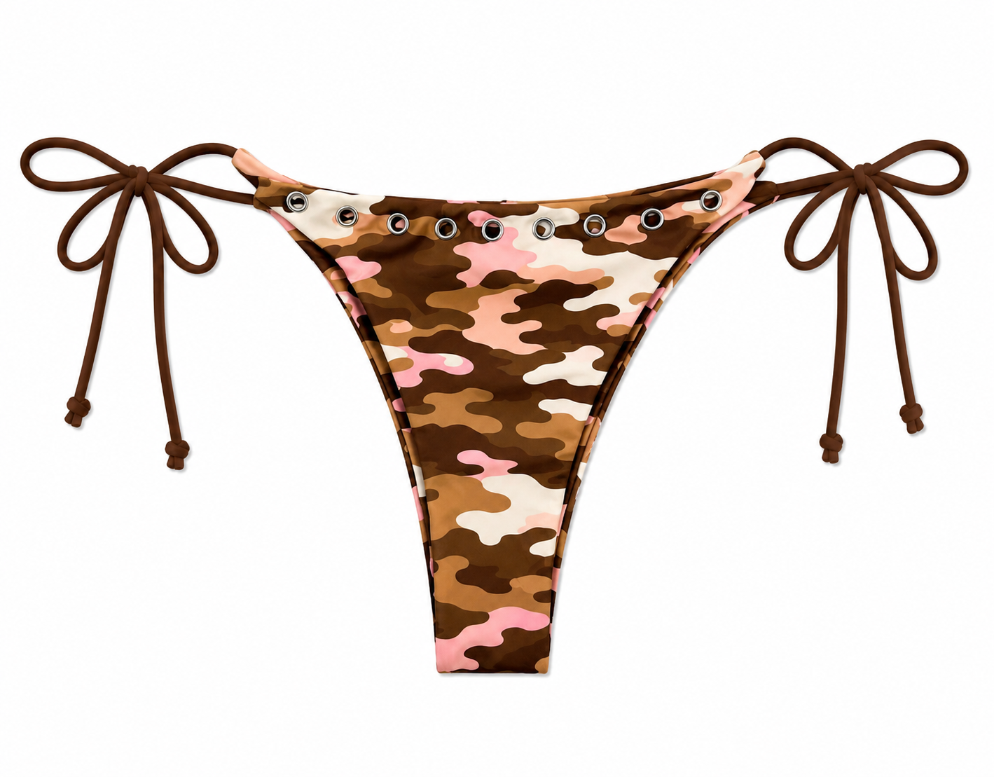 The Sugar Camo Bikini Bottom - pink camo with silver grommets and tie sides