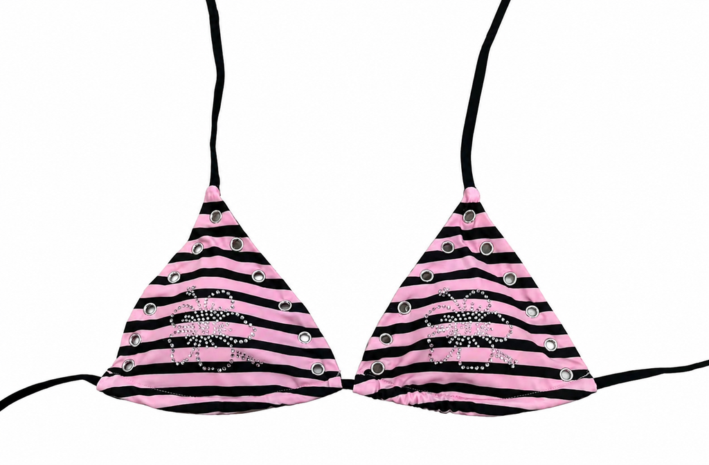 The Amour Bikini - pink and black striped triangle top with rhinestone detail